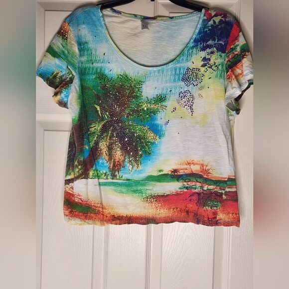 Thomas&Olivia XL Multicolored Beach Print Shrtsl Beaded 100% Cotton Women’s Top - Picture 2 of 10